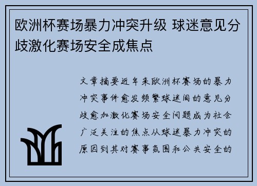 欧洲杯赛场暴力冲突升级 球迷意见分歧激化赛场安全成焦点
