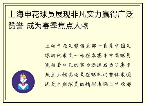 上海申花球员展现非凡实力赢得广泛赞誉 成为赛季焦点人物
