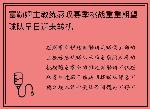 富勒姆主教练感叹赛季挑战重重期望球队早日迎来转机